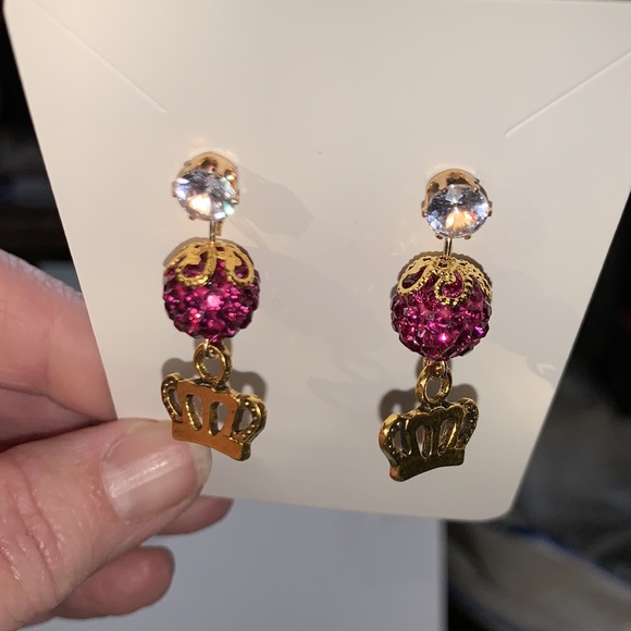 New Hand Crafted Crowns 👑 Post Earrings with Pink Glitter Ball - Picture 6 of 9